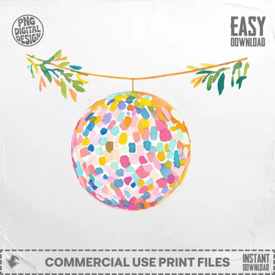 Watercolor disco ball with colorful abstract circles hanging from greenery.