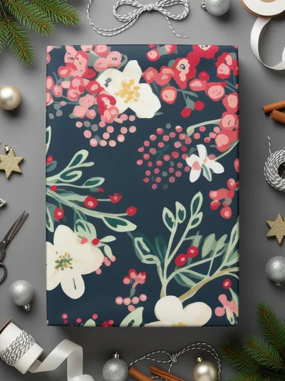 Festive Floral Gift Wrap with Delicate Winter Elements