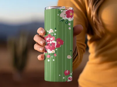 Green Tumbler with Pink and White Floral Design