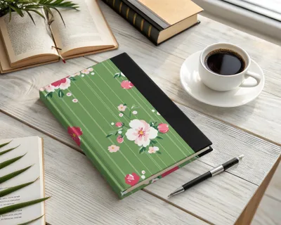Green Floral Design Notebook with Black Binding