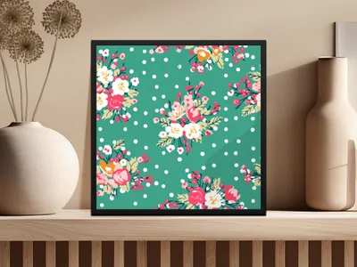 Colorful Floral Print on Green Background Art Print