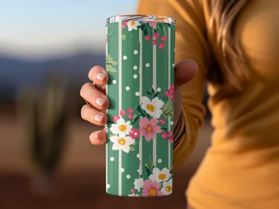 Green Floral Striped Insulated Tumbler Cup