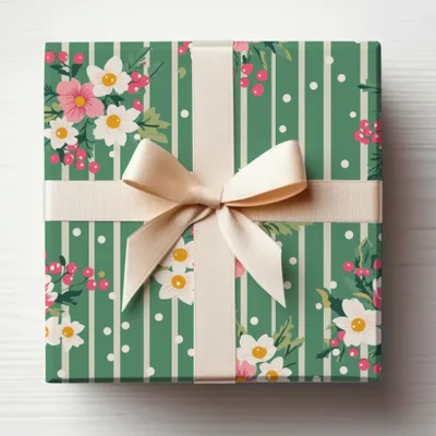 Floral Polka Dot Pattern Gift Wrap with Ribbon Design