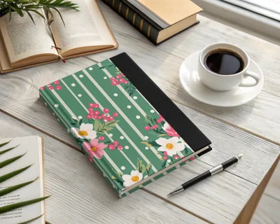 Green Striped Notebook with Floral and Polka Dot Design