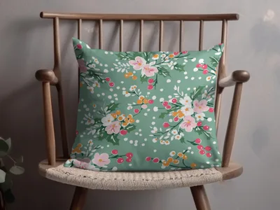 Floral Green Throw Pillow with Colorful Bloom Design