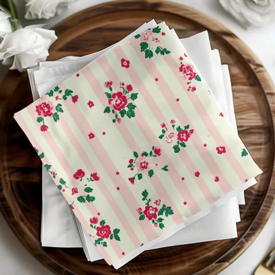 Pink and White Striped Floral Napkin Set Decorative Accessory