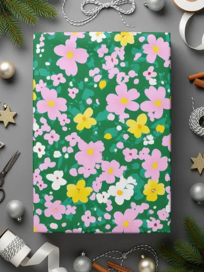 Festive Green Wrapping Paper with Pink and Yellow Flowers