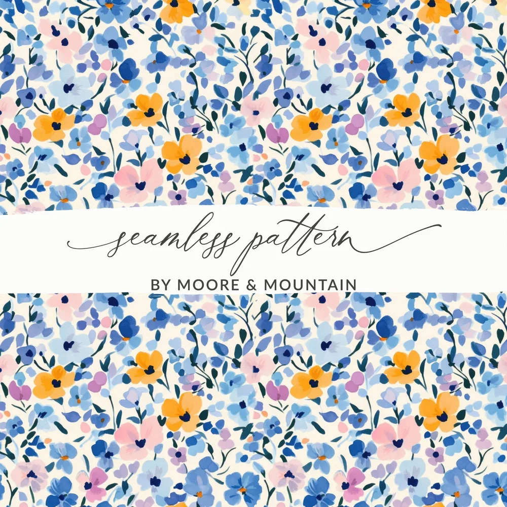 Ditsy Floral Pattern Digital Paper, Watercolor Flower Seamless Design, Blue and Gold Flower Pattern, Printable Fabric, Digital Scrapbook Paper - Moore and Mountain