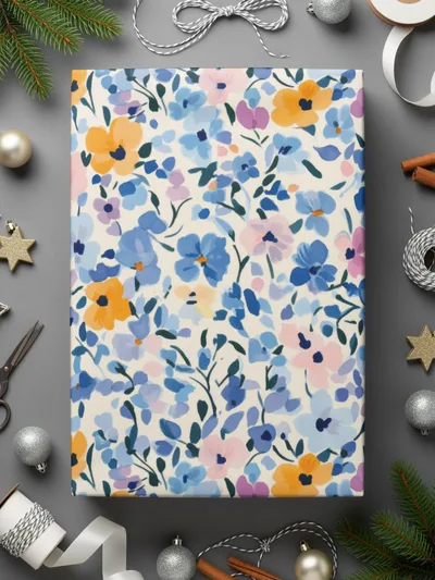 Ditsy Floral Pattern Digital Paper, Watercolor Flower Seamless Design, Blue and Gold Flower Pattern, Printable Fabric, Digital Scrapbook Paper - Moore and Mountain