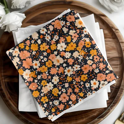 Vibrant Floral Patterned Black and Orange Napkin
