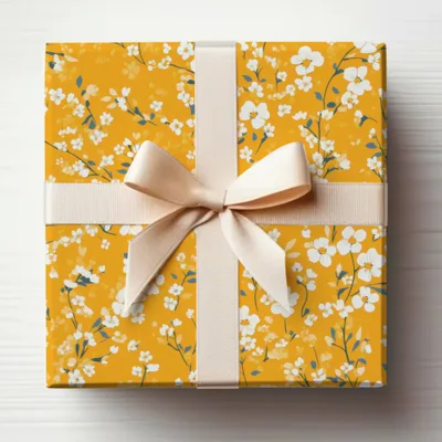 Yellow Floral Gift Wrap with White Ribbon Design