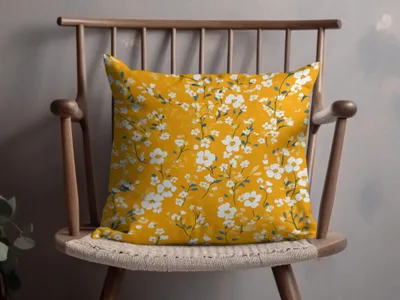 Bright Yellow Pillow with White Floral Design Pillow