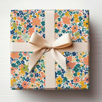 Elegant Floral Gift Wrap with Beige Ribbon