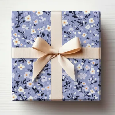 Floral Blue Gift Wrap with Elegant Ribbon Design