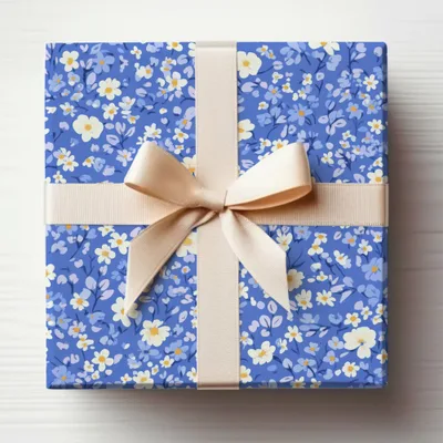 Beautiful Blue Floral Wrapped Gift Box with Ribbon