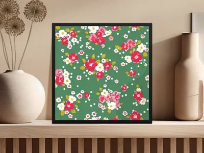 Vibrant Floral Green Background with Red Flowers Poster