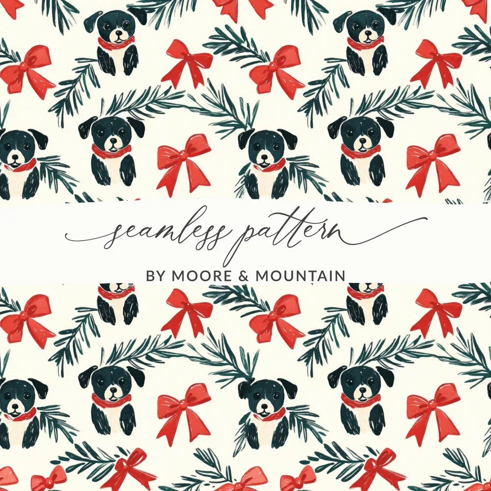 Dog Christmas Seamless Pattern, Puppy Digital Paper, Holiday Bows Jpeg, Repeating Dog Pattern, Festive Download, Animal Print, Xmas Digital - Moore and Mountain