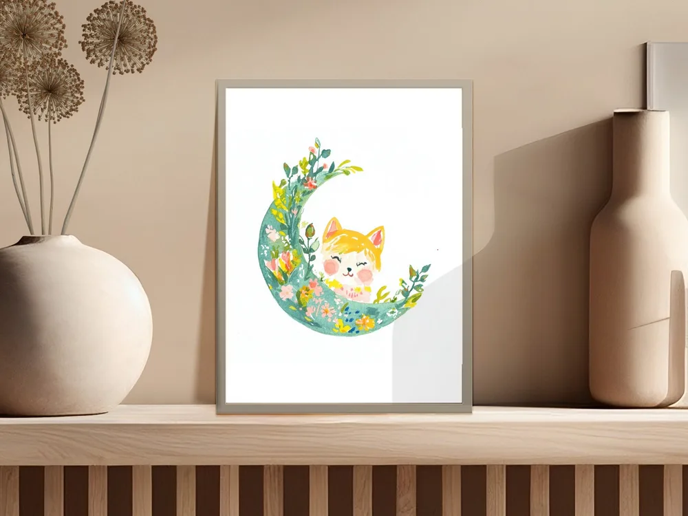 Cute fox illustration on a crescent moon surrounded by flowers.