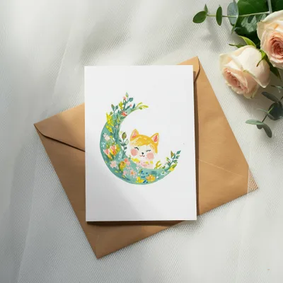 Card with a whimsical cat illustration on a crescent moon with floral accents.