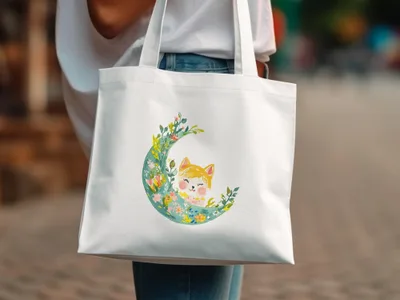 White tote bag with watercolor illustration of a cat on a crescent moon.