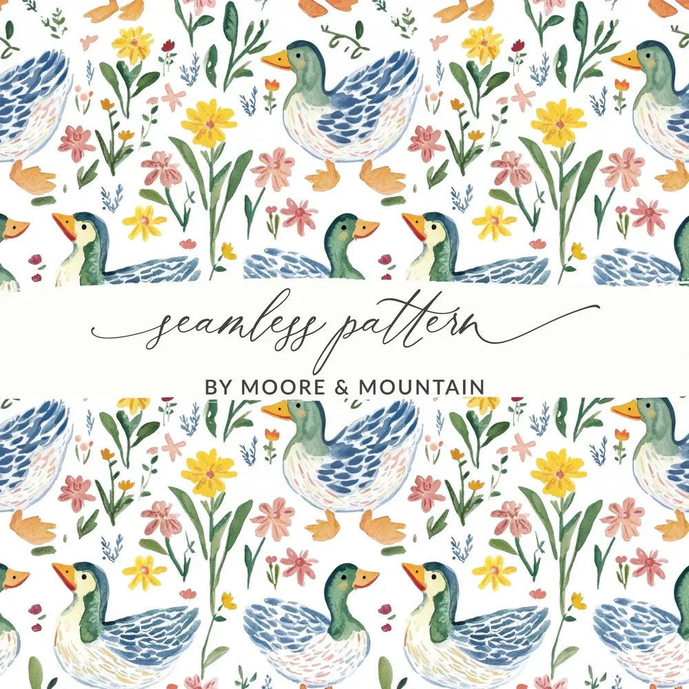 Duck and Floral Digital Paper, Watercolor Seamless Pattern, Farmhouse Style, 2 JPEG Scales, Cute Animal Print, Digital Download - Moore and Mountain