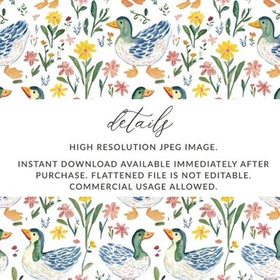Duck and Floral Digital Paper, Watercolor Seamless Pattern, Farmhouse Style, 2 JPEG Scales, Cute Animal Print, Digital Download - Moore and Mountain