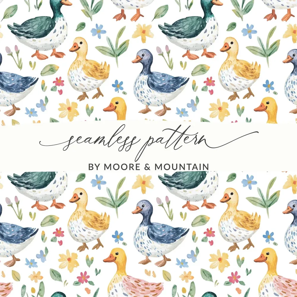 Duck Digital Paper, Watercolor Seamless Pattern, Floral Spring Pattern, Fabric Design, Scrapbooking Paper, Animal Print, Digital Download - Moore and Mountain