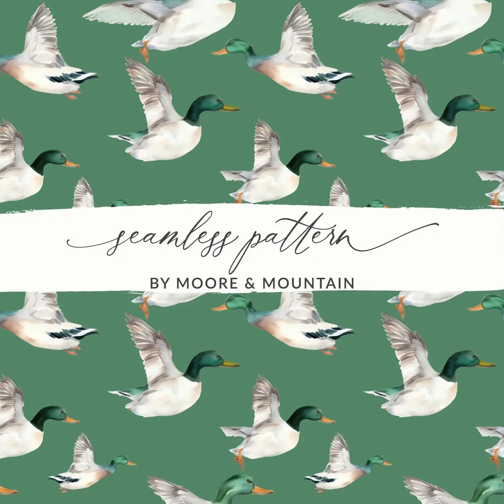 Duck Seamless Pattern Digital, Watercolor Ducklings, Green Background, Digital Paper Pack, Fabric Design, Backgrounds, Print - Moore and Mountain