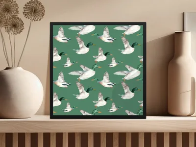 Duck Seamless Pattern Digital, Watercolor Ducklings, Green Background, Digital Paper Pack, Fabric Design, Backgrounds, Print - Moore and Mountain