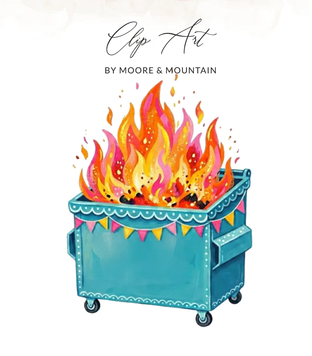 Turquoise dumpster fire with festive garland and "Clip Art" title.