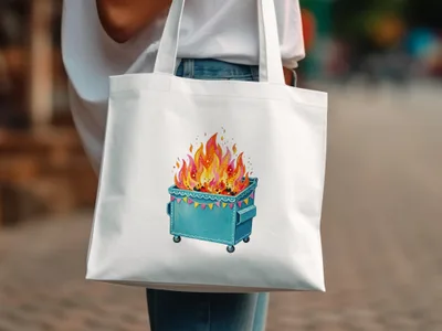 White canvas tote bag with a turquoise dumpster fire graphic.