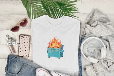 White t-shirt featuring a cartoon dumpster fire design.