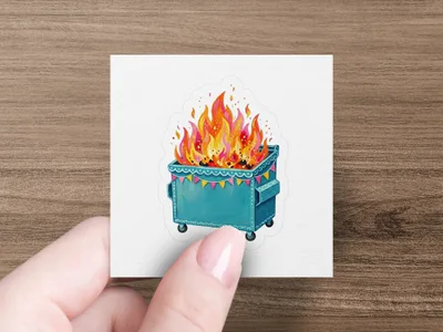 Blue dumpster fire sticker with festive garland.