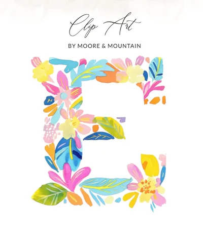 E Watercolor Floral Clipart, Preppy Tropical Letter E PNG, Vibrant Pastel Alphabet, Hand Painted Digital Art, Commercial Use, Instant