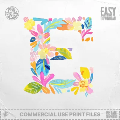 Letter E in floral watercolor design with text for download.