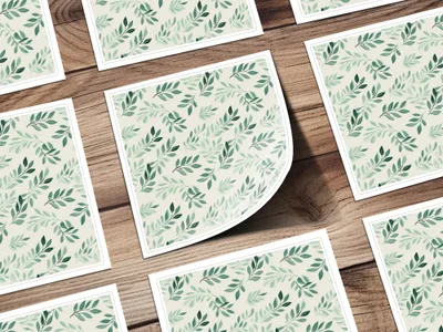 Elegant Botanical Green Leaf Print on White Card Stock