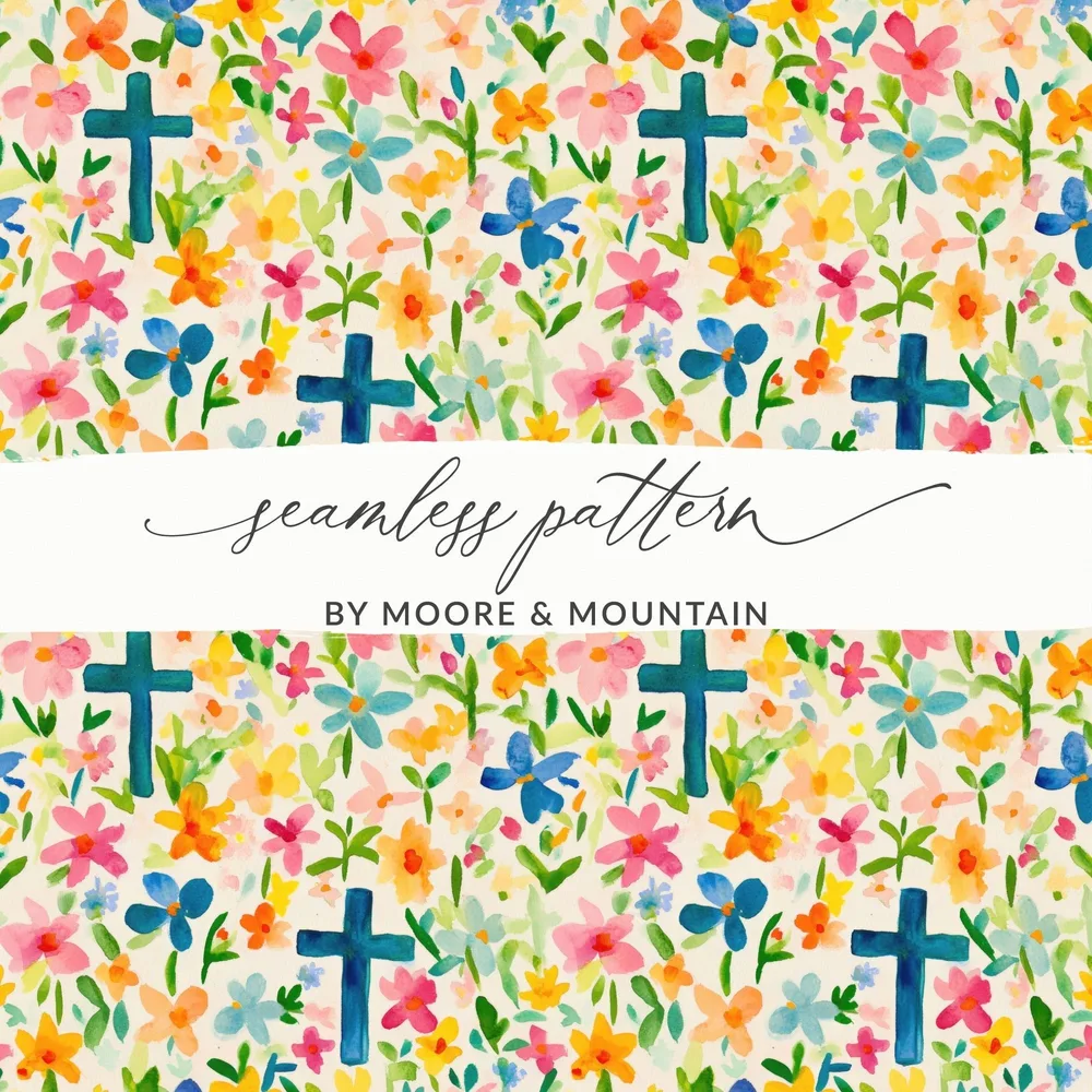 Spring Easter Floral Cross Seamless Pattern Digital Paper Pack, Watercolor Flowers Background Texture, Christian Themed Design, Printable Scrapbook - Moore and Mountain