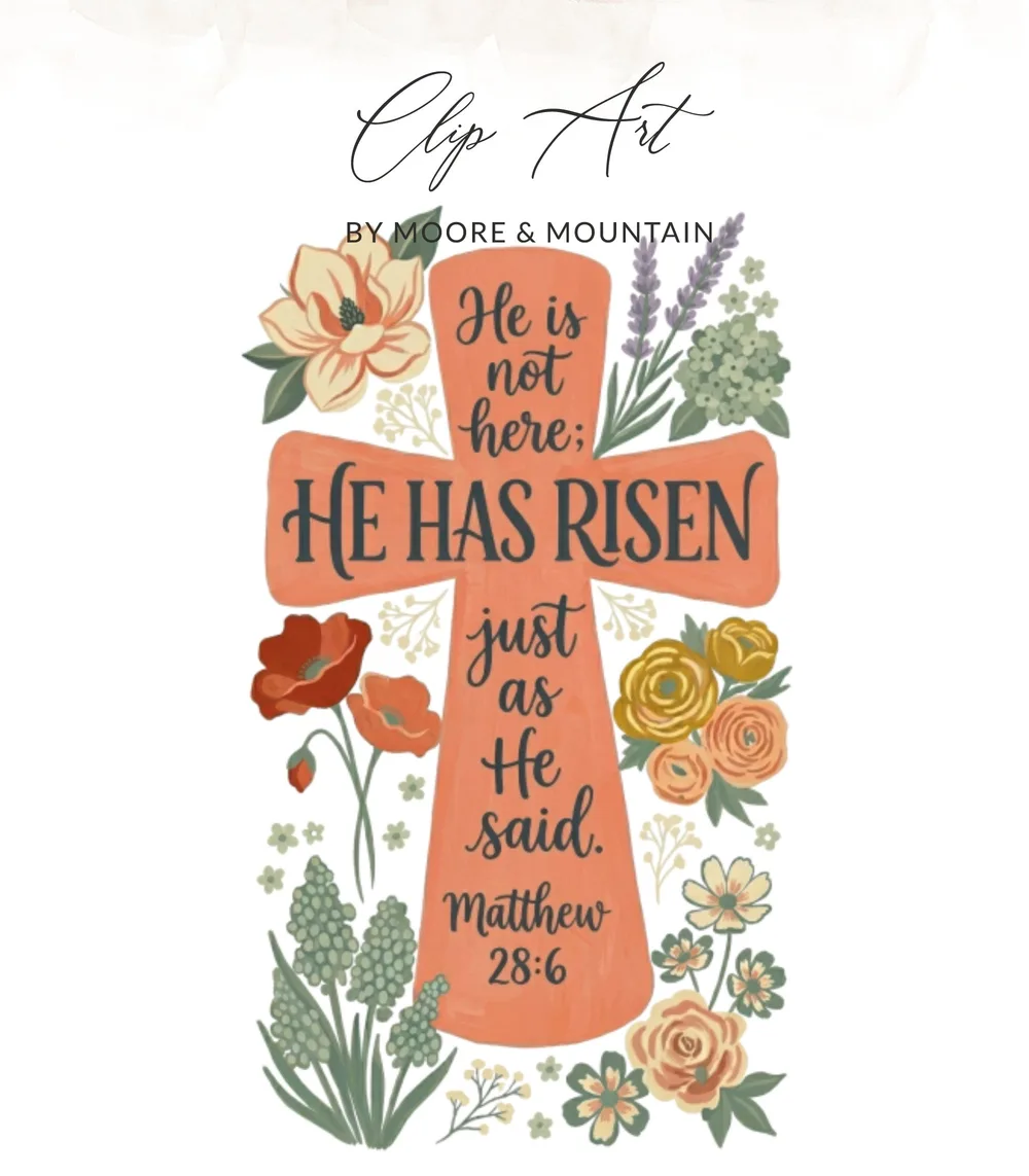 Cross with "He Has Risen" and Matthew 28:6, surrounded by flowers.