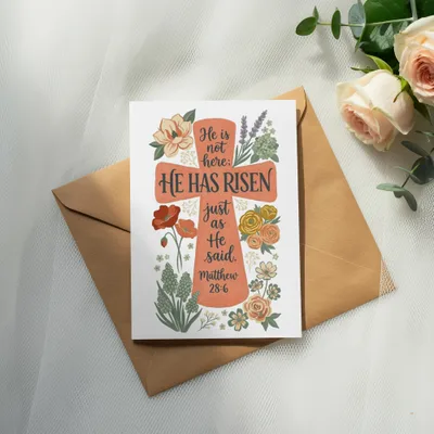 Card with "HE HAS RISEN" and Bible verse Matthew 28:6.