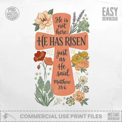 "He Has Risen" text with floral accents and Matthew 28:6 scripture.