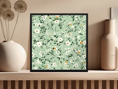 Green Floral Artwork with Abstract White Flowers Poster