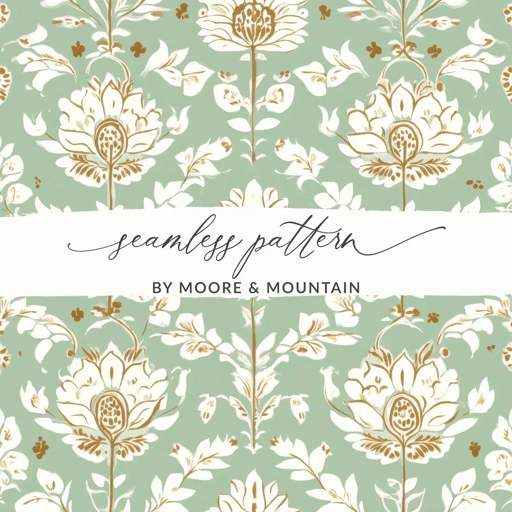 Elegant Floral Arrangement Indian Motif Pattern Repeat Sage Green Vintage Floral - Moore and Mountain
