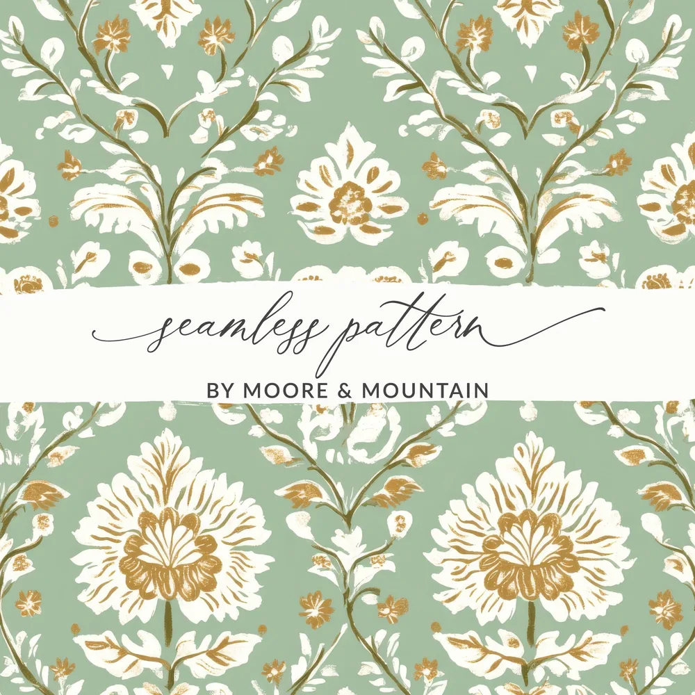 Elegant Floral Repeat Green Field Seamless Pattern Digital Art Nouveau - Moore and Mountain
