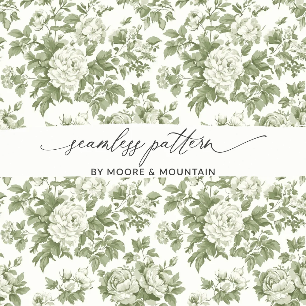 Elegant Green and White Toile Floral Pattern Repeating Design, Vintage Chinoiserie Sage Green Pattern - Moore and Mountain