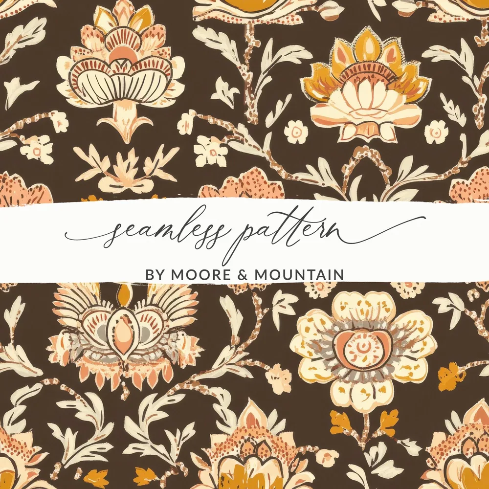 Elegant Indian Motif Design Seamless Pattern with Flowers Dark Brown Chintz - Moore and Mountain