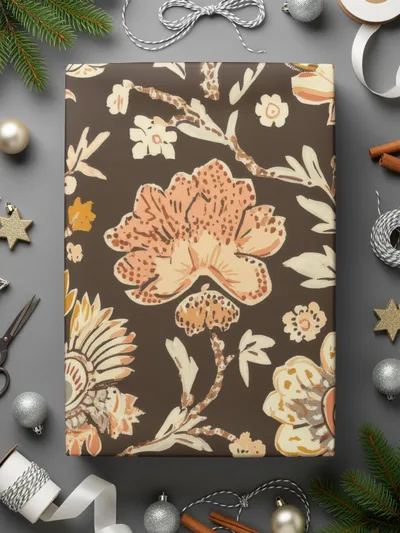 Elegant Indian Motif Design Seamless Pattern with Flowers Dark Brown Chintz - Moore and Mountain