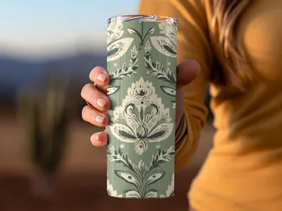 Elegant Kalamkari Art Inspired Seamless Indian Pattern Sage Green Motif - Moore and Mountain