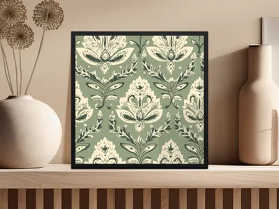 Elegant Kalamkari Art Inspired Seamless Indian Pattern Sage Green Motif - Moore and Mountain
