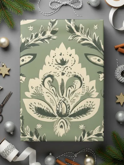 Elegant Kalamkari Art Inspired Seamless Indian Pattern Sage Green Motif - Moore and Mountain