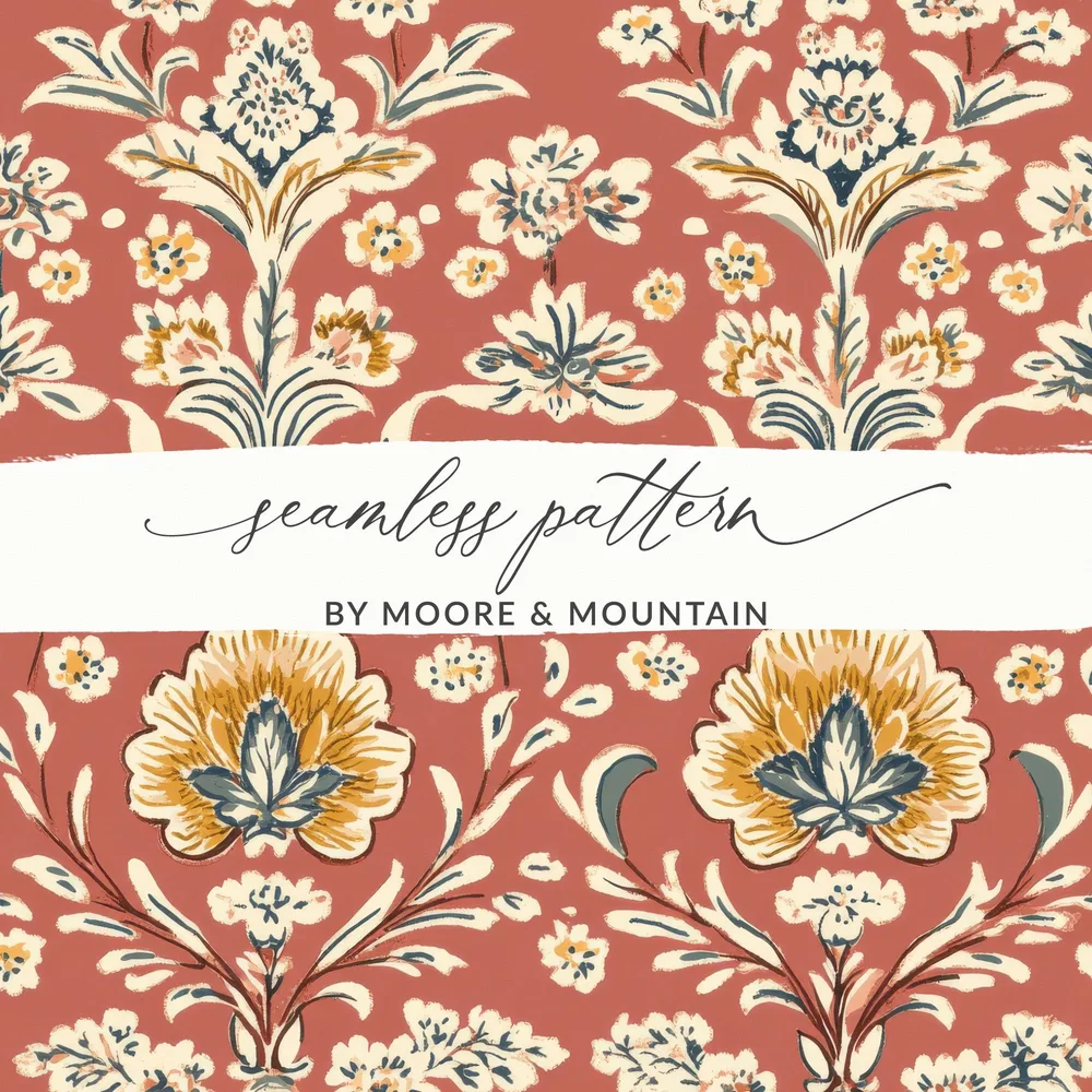 Elegant Red Indian Motif on Terracotta Background Seamless Pattern - Moore and Mountain